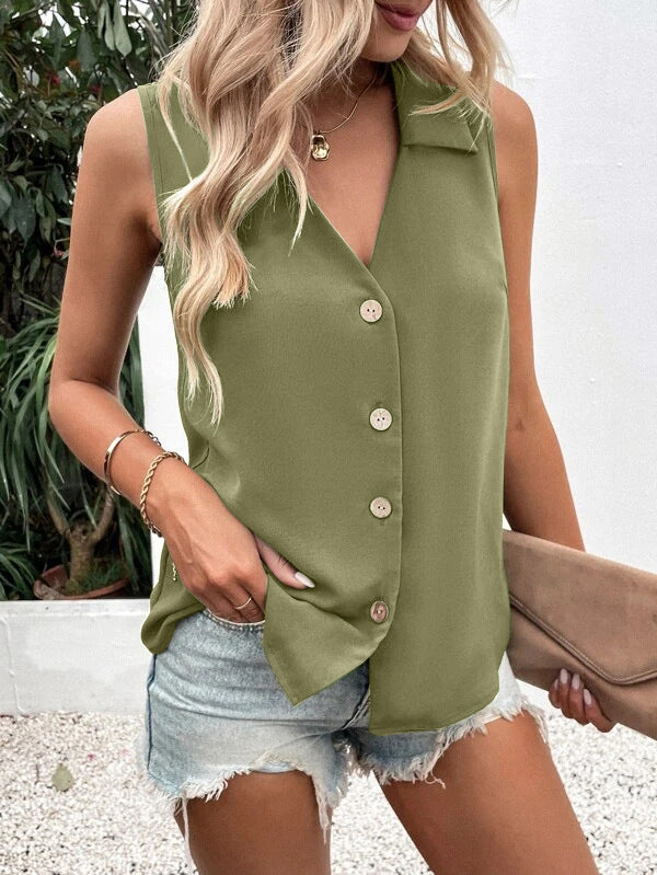 Solid Color V-neck Loose Chiffon Shirt Sleeveless Button Vest