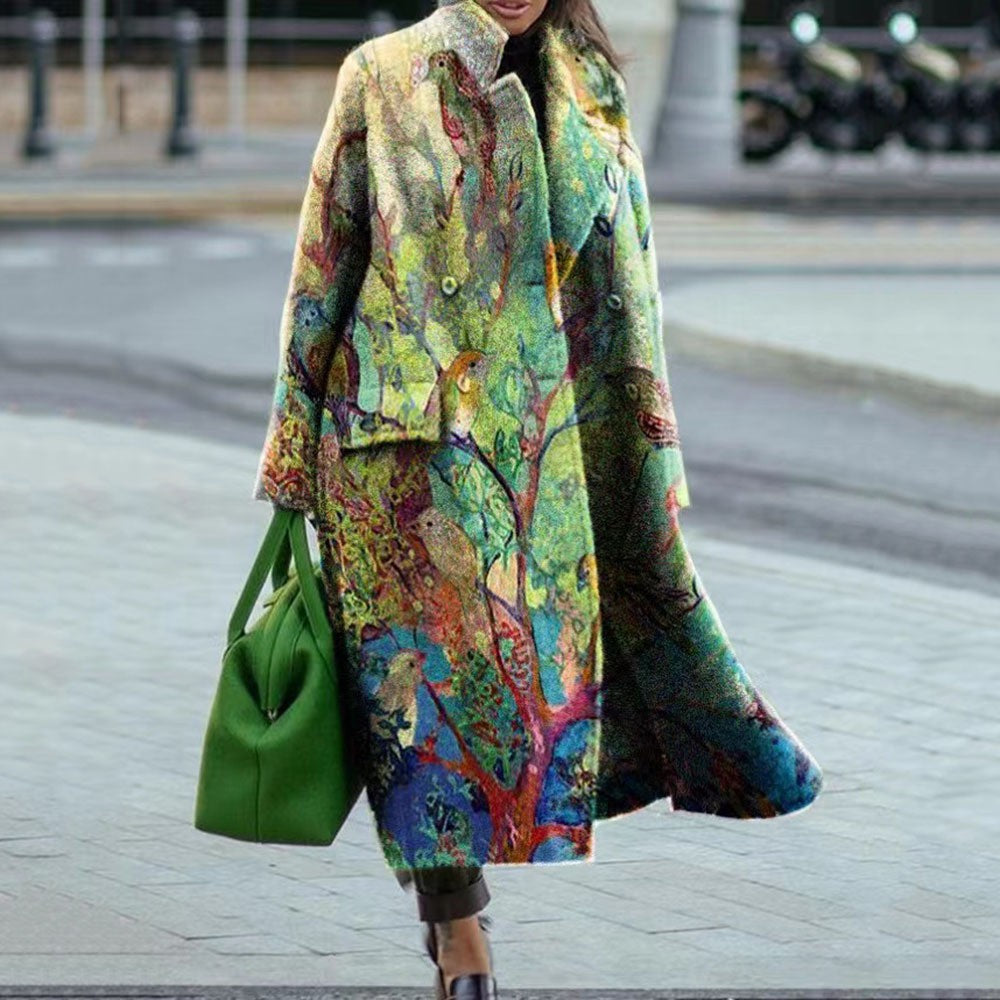 Turn-down Collar Coat Printed Woolen Long-cut Coat