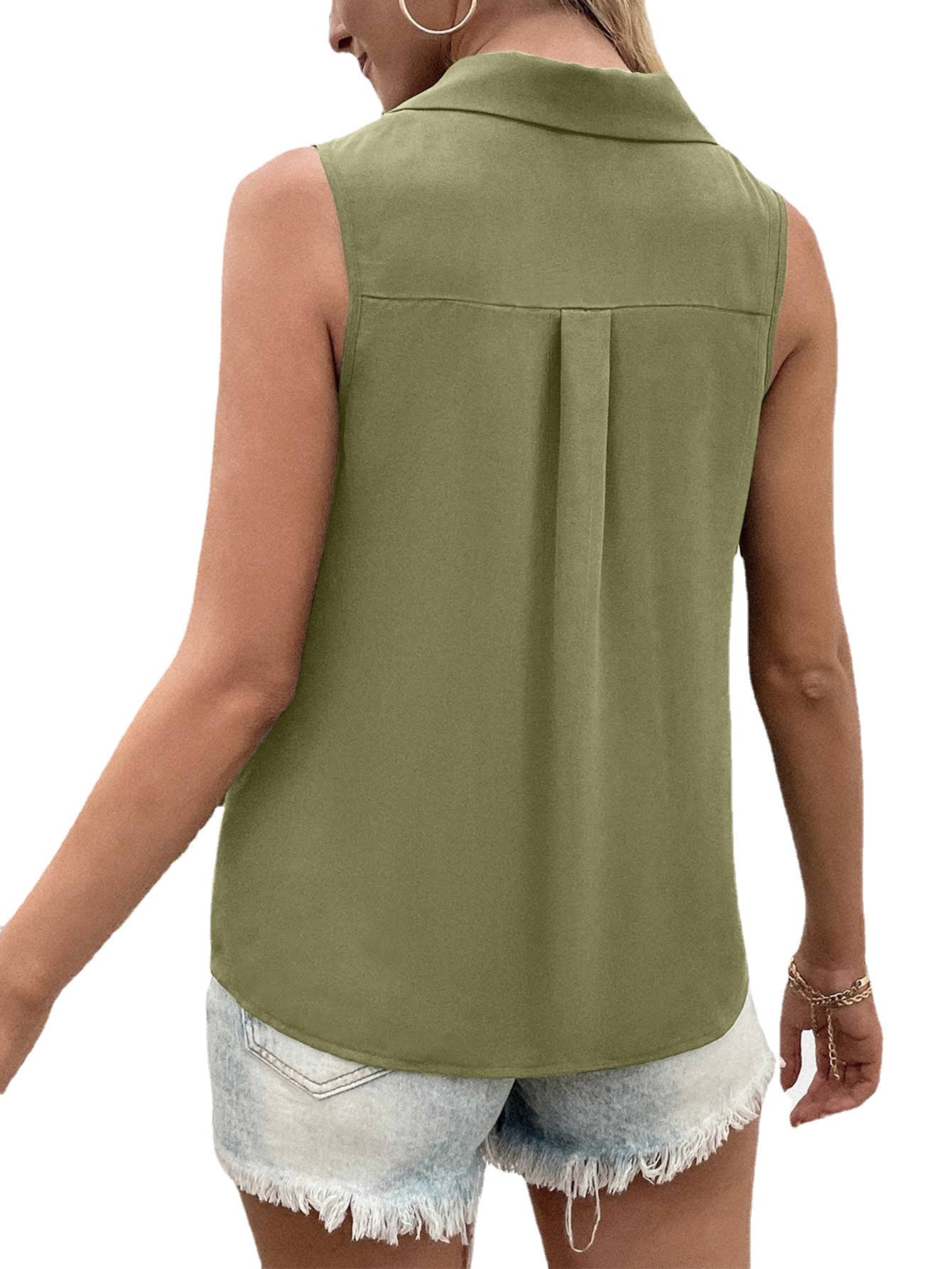 Solid Color V-neck Loose Chiffon Shirt Sleeveless Button Vest