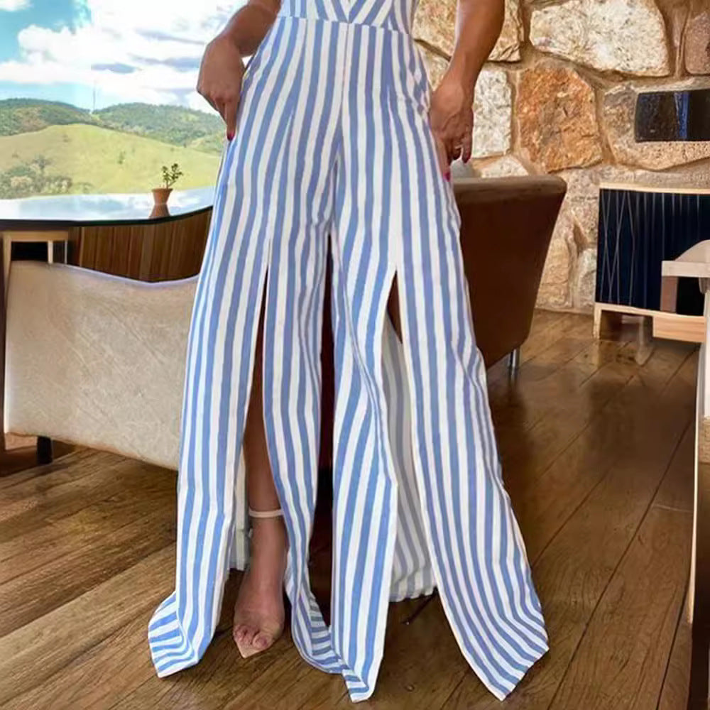 Lace-up Slit Striped Jumpsuit