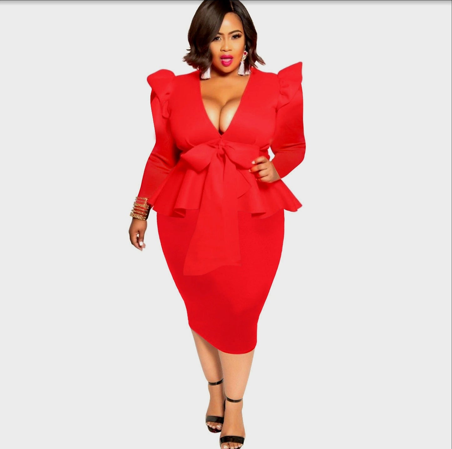 Plus Size Long Sleeve Two-piece Skirt Suit