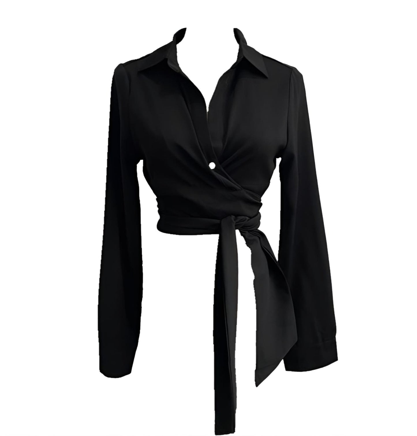 Black Knot Tie Bow Cropped Slim Fit V-Neck Shirt Top