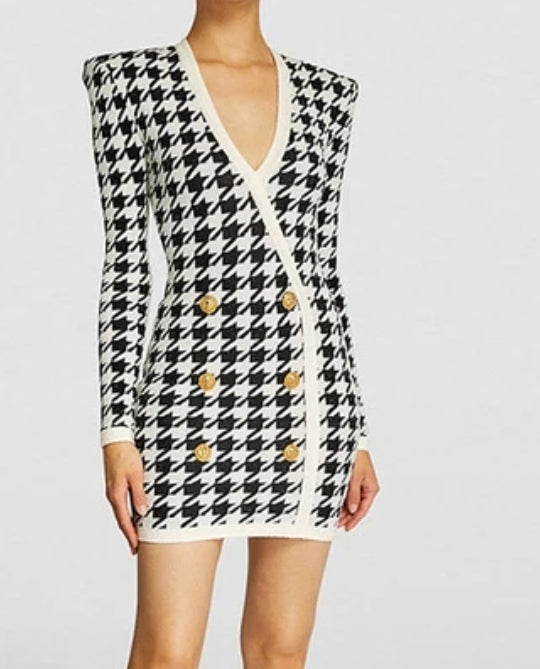 Sleek Checkered Double Breasted Dress