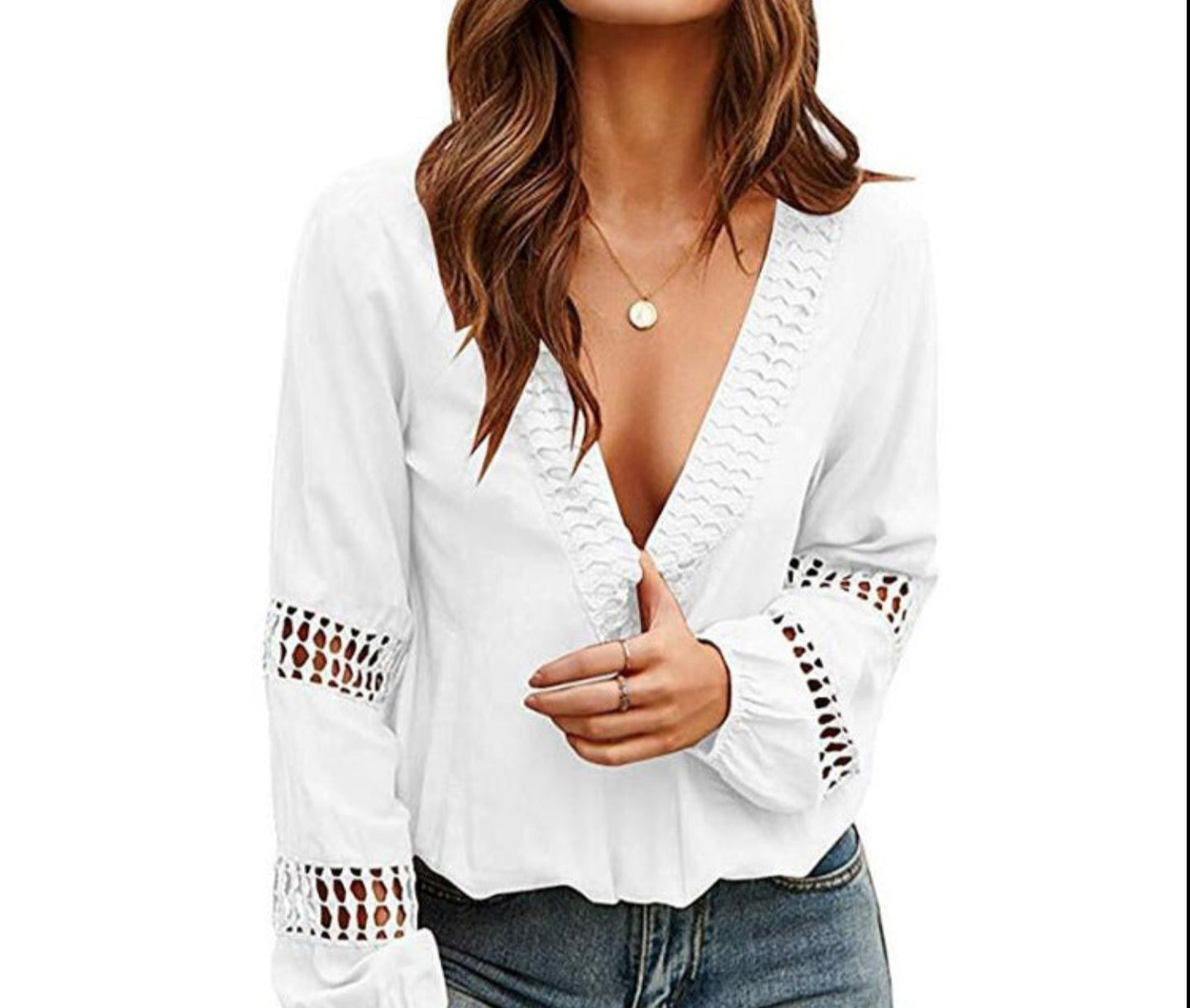 Long Hollow Lace Sleeve Blouse