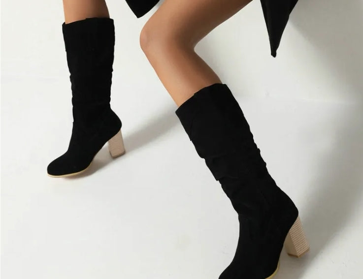 Suede Mid High Heel Boots