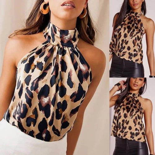 Leopard Print Sleeveless Haltered Neck Top