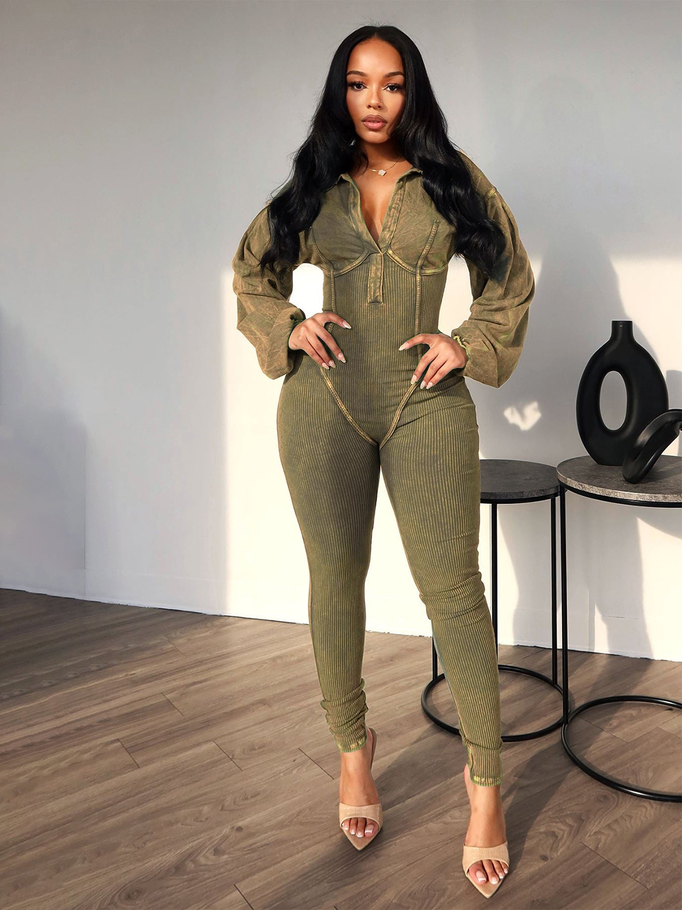 Versatile Washed Distressed Long Sleeve Jumpsuit