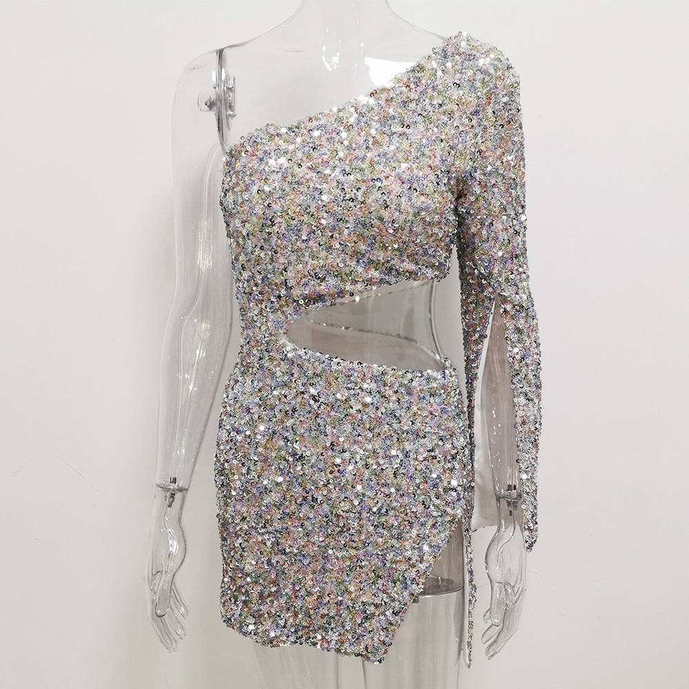 Colorful Fashionable Sequins One Sleeve w/ Cut Out Mini Dress