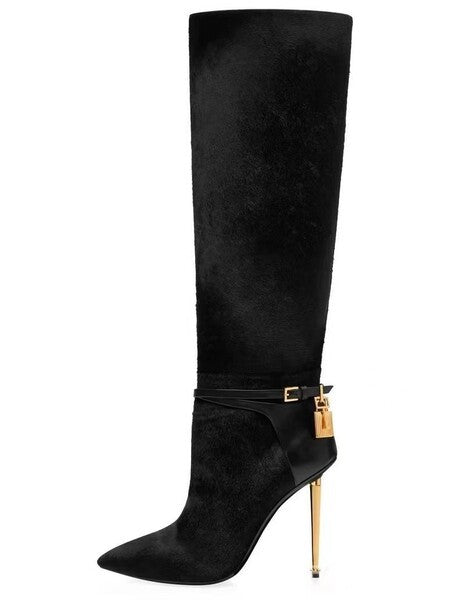 Calf High Gold Heel Stiletto Boots