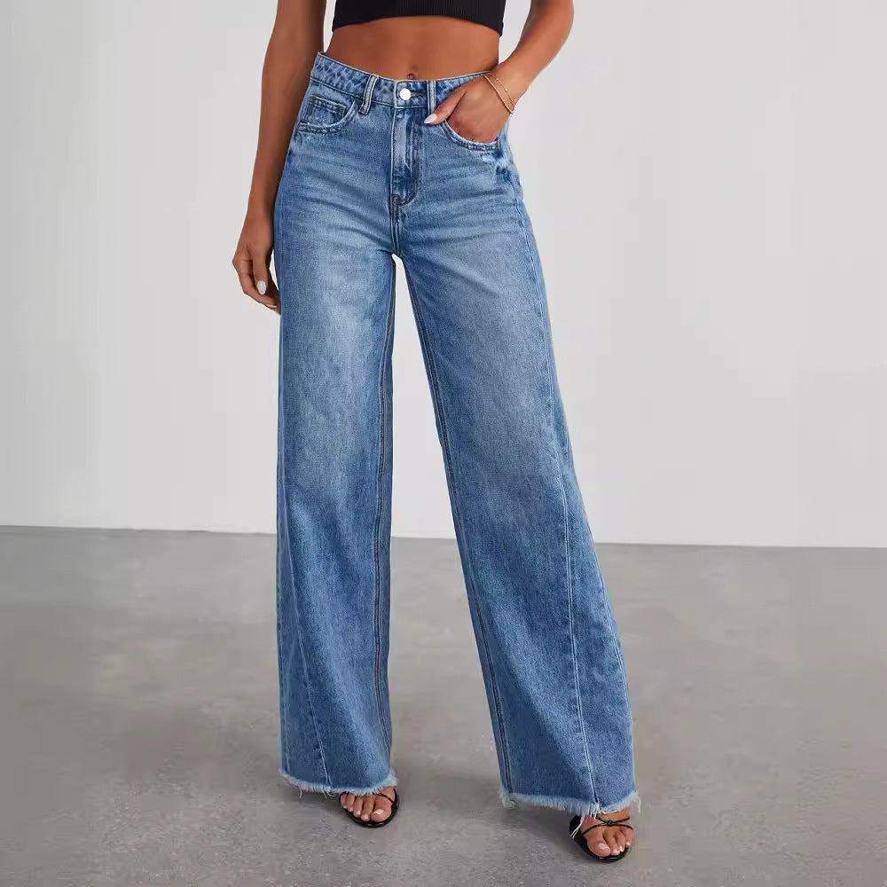 Loose Fit Wide-leg Side Seam Stitching Frayed Hem Jeans