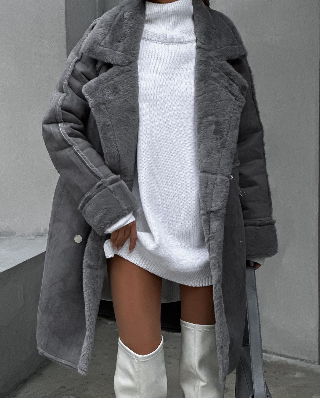 Suede Coat Suit Collar Long Cardigan Long Sleeve Plush Coat