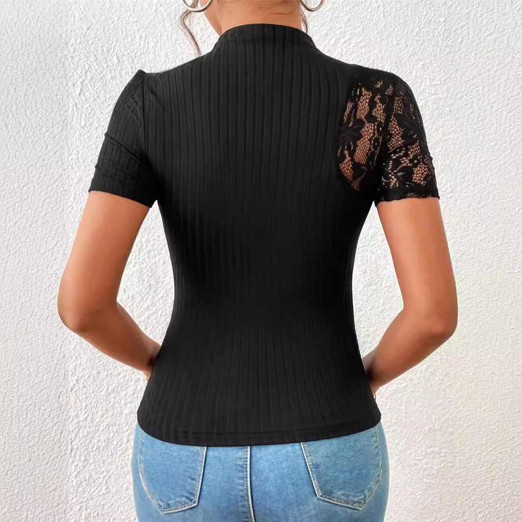 Slim-fit Slimming Lace Patchwork Short-sleeved T-shirt