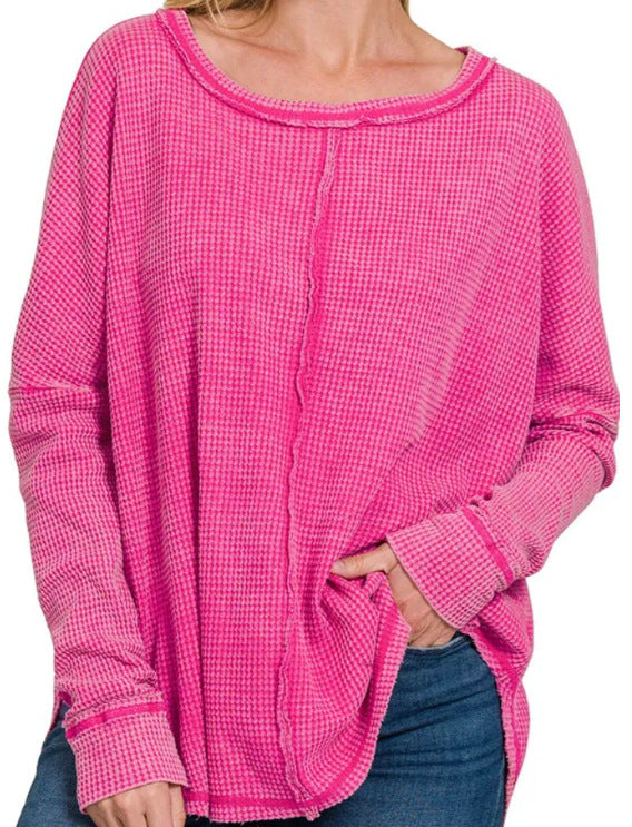 Women's Washed Waffle Back-stitched Long-sleeved Top