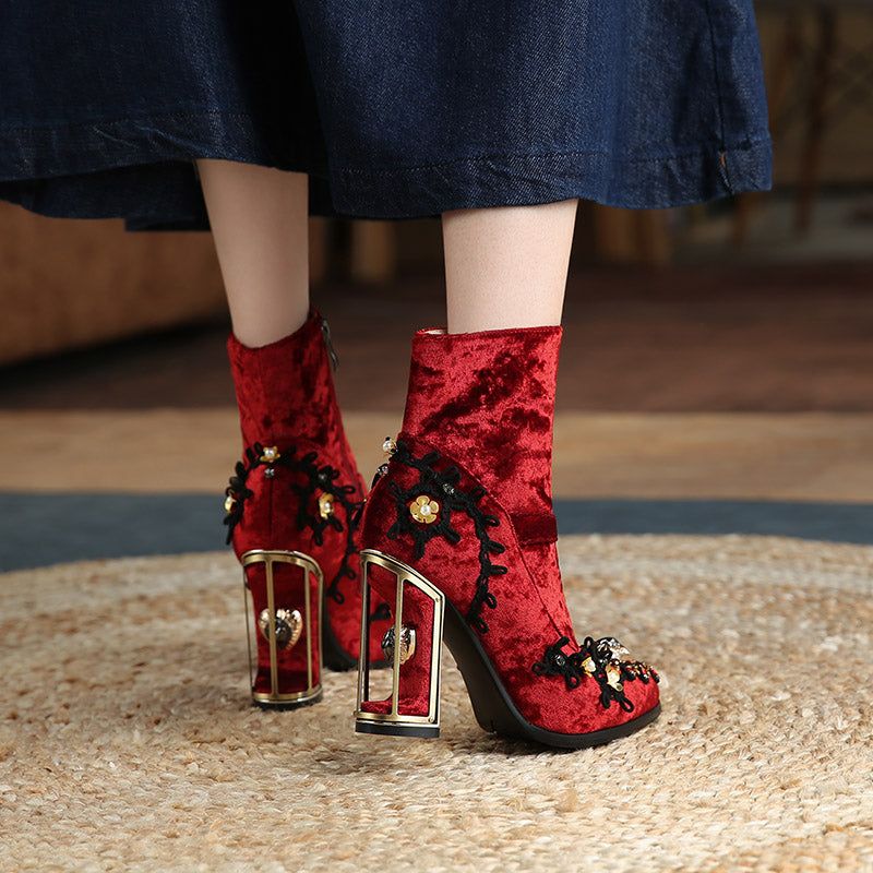 Ankle Heel Boots w/ Side Zipper and Beaded Embroidery