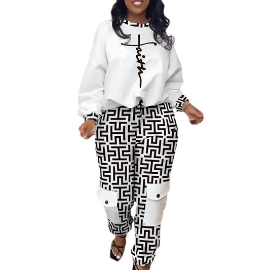 Casual Printed Trousers Pullover Suit