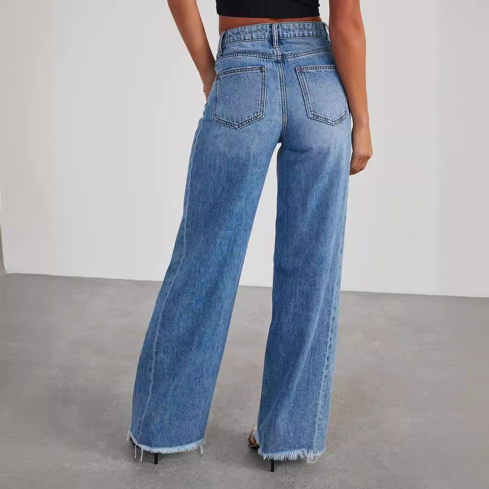 Loose Fit Wide-leg Side Seam Stitching Frayed Hem Jeans