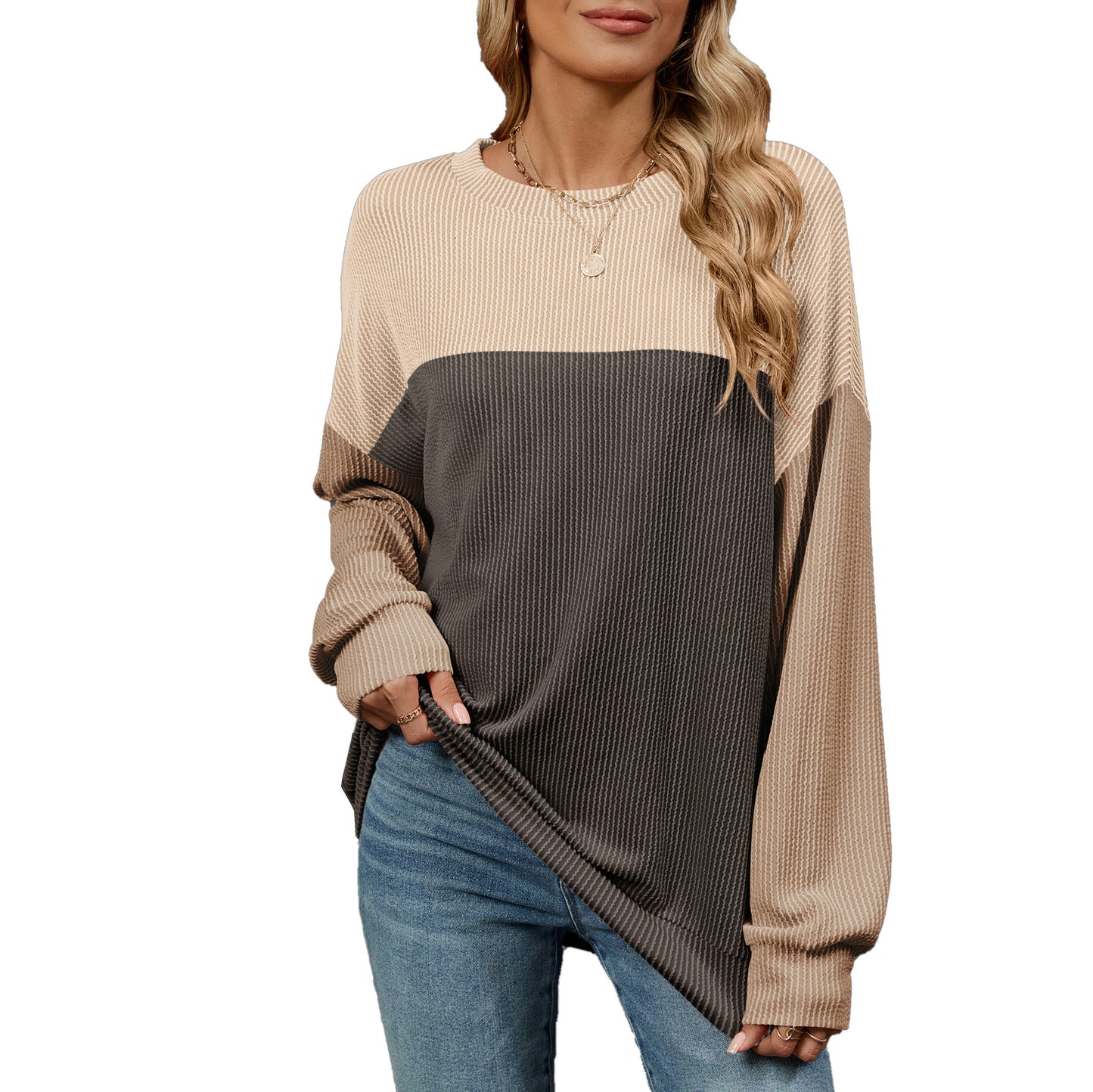 Fashion Contrast-color Round Neck Long Sleeve Casual Shirt For Womens Clothing