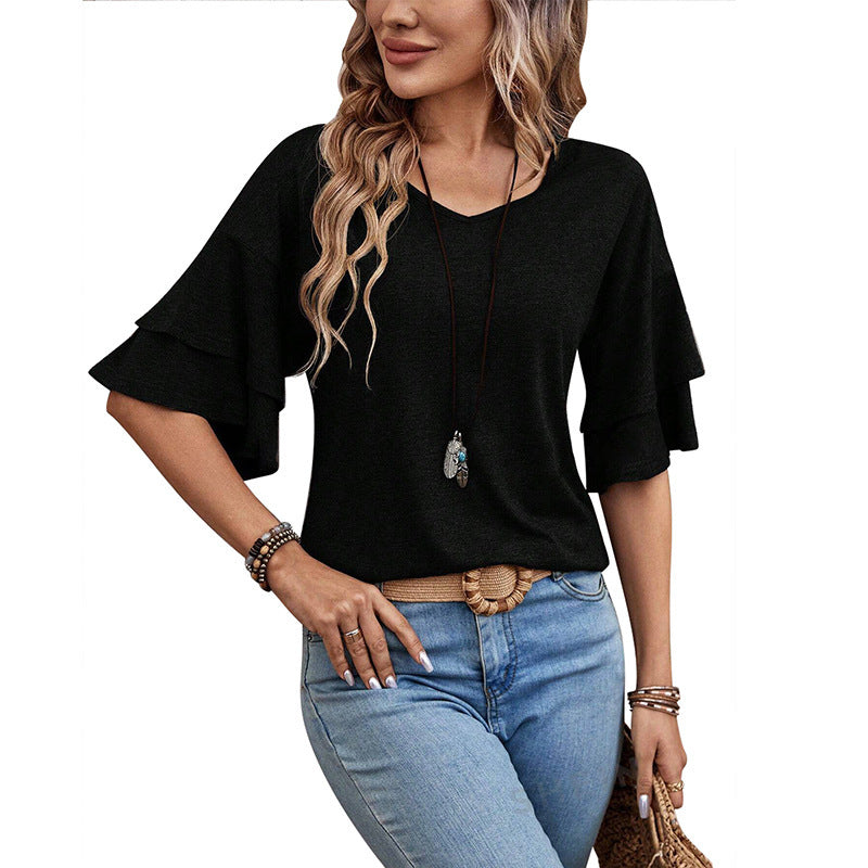 Summer Solid Color And V-neck Loose T-shirt