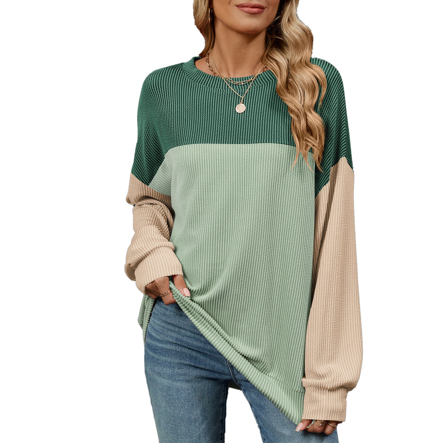 Fashion Contrast-color Round Neck Long Sleeve Casual Shirt For Womens Clothing