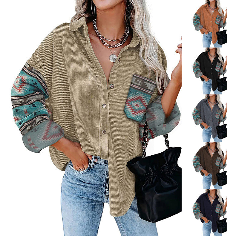 Printed Lapel Loose Fitting Blouse