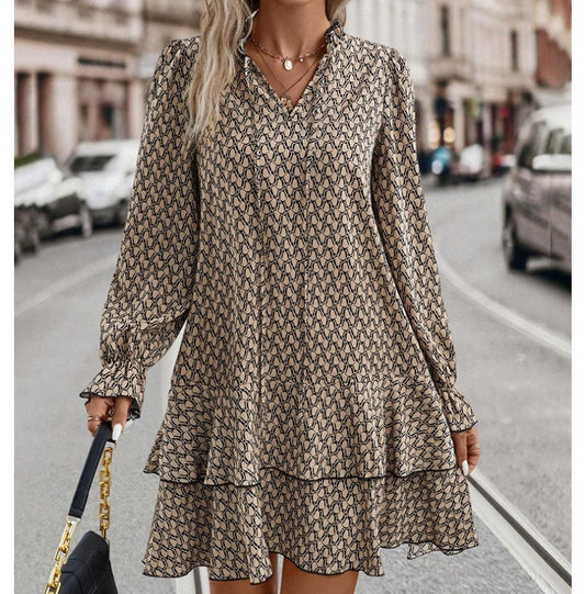 Bohemian Printed V-neck Lace-up Long Sleeve Dress