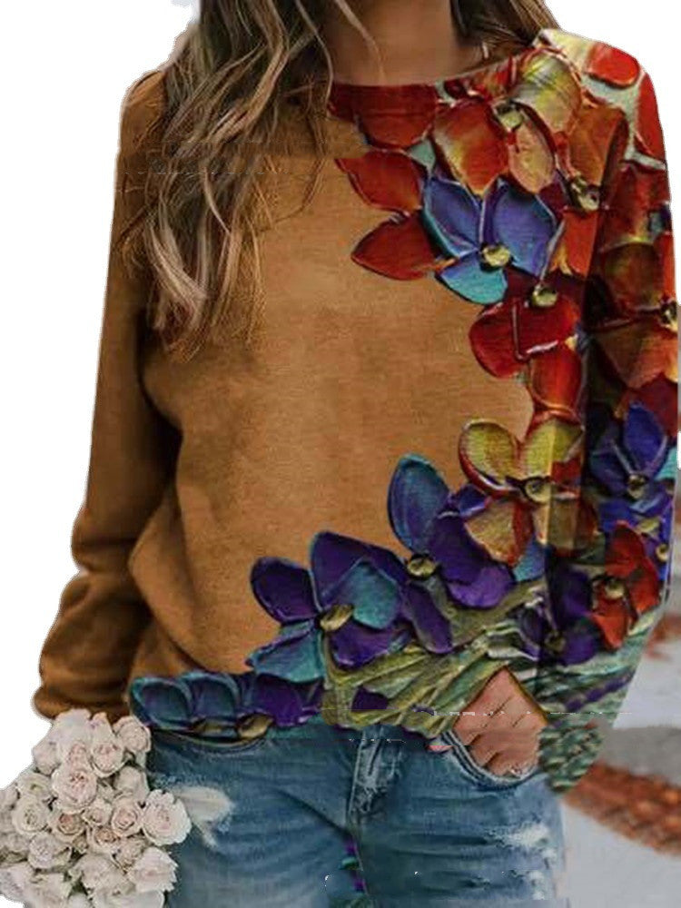 Urban Casual Colorful Printed Long Sleeve Round Neck Pullover T-shirt