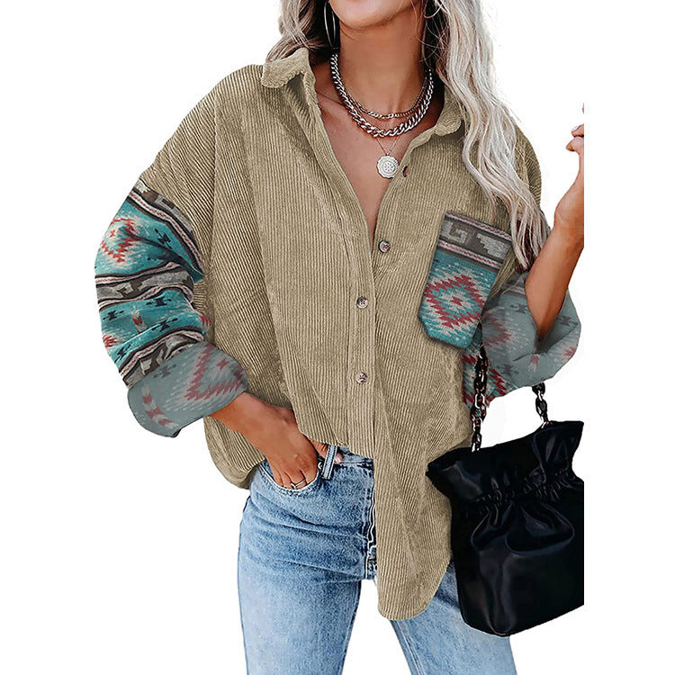 Printed Lapel Loose Fitting Blouse