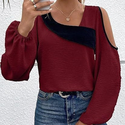 Off-the-shoulder Stitching Pullover Diagonal Collar Long Sleeve Loose Shirt