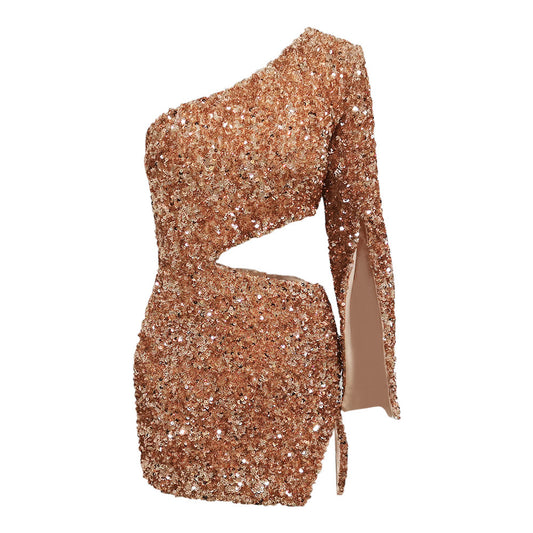 Colorful Fashionable Sequins One Sleeve w/ Cut Out Mini Dress