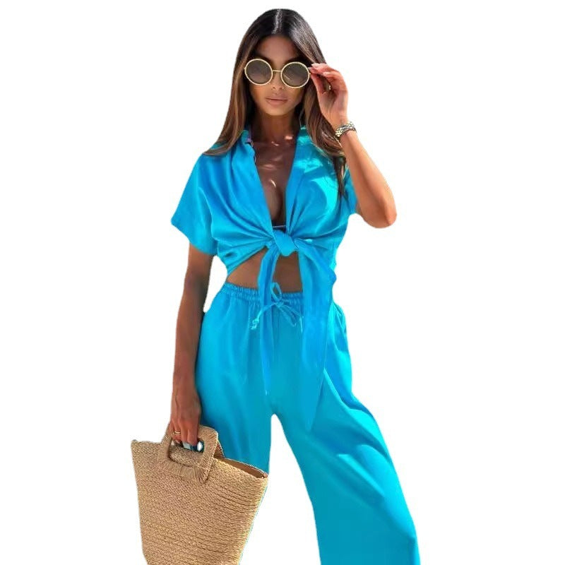 Solid Color Tied Short-sleeved Cardigan Trousers Suit