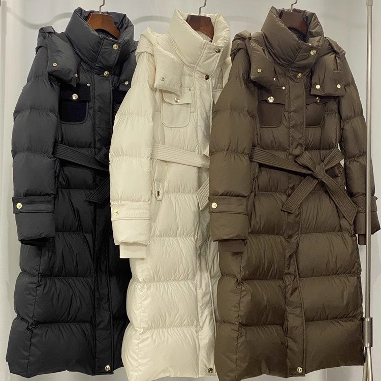 Waist-tight Temperament Mid-length Over The Knee Hood Down Jacket