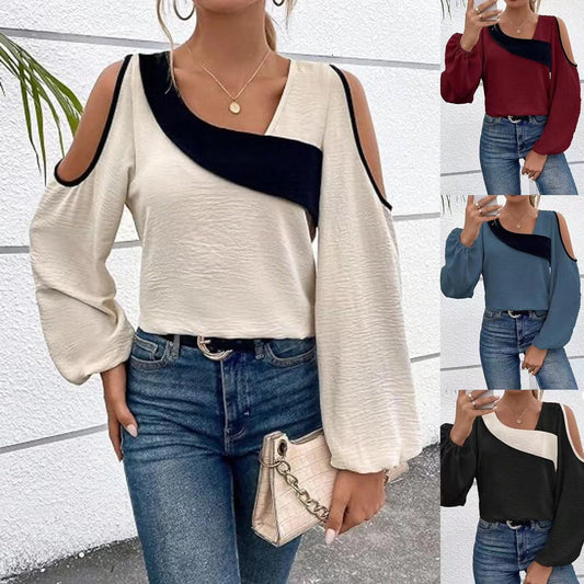 Off-the-shoulder Stitching Pullover Diagonal Collar Long Sleeve Loose Shirt