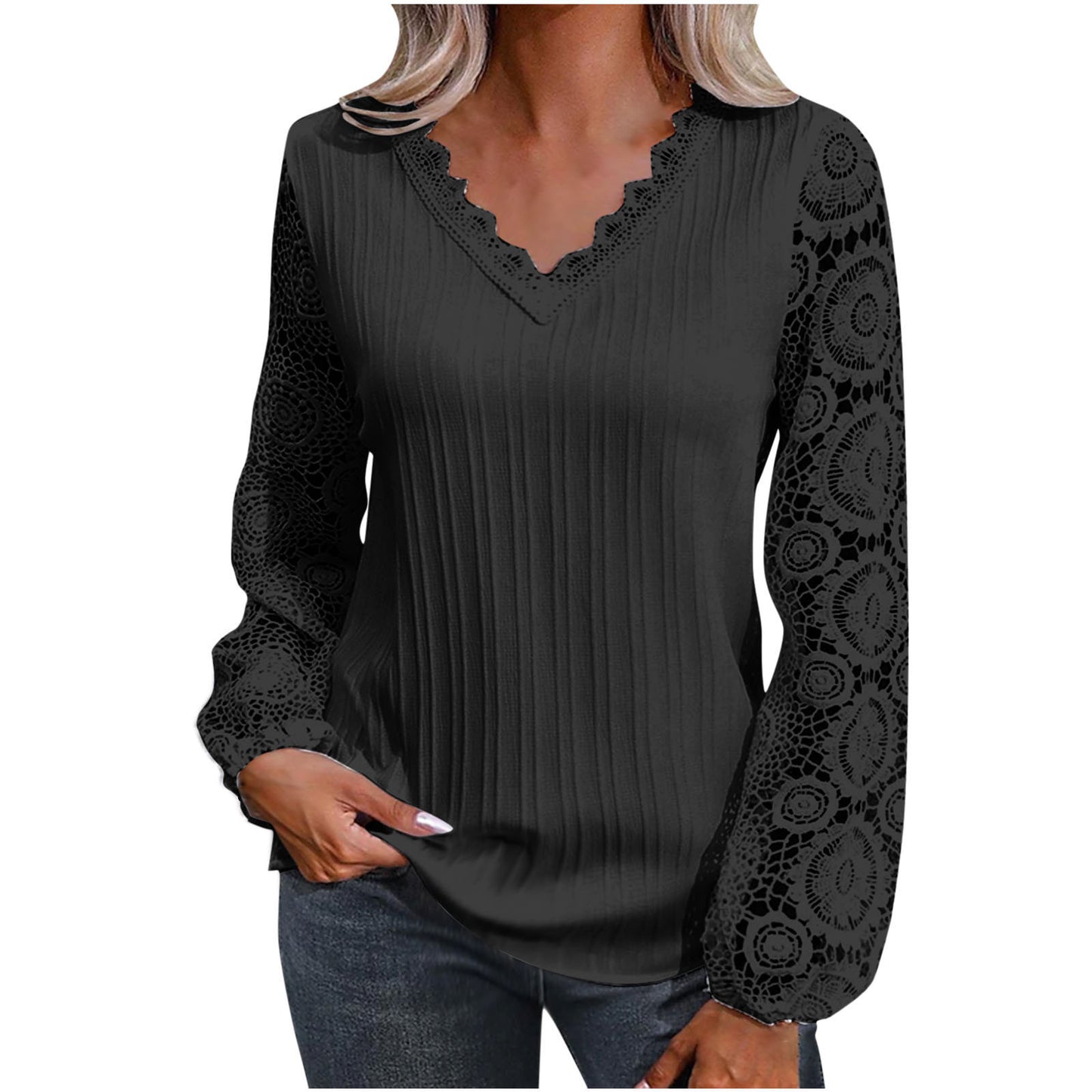 V-neck Casual Loose Women's Lace Bottoming Shirt Long Sleeve