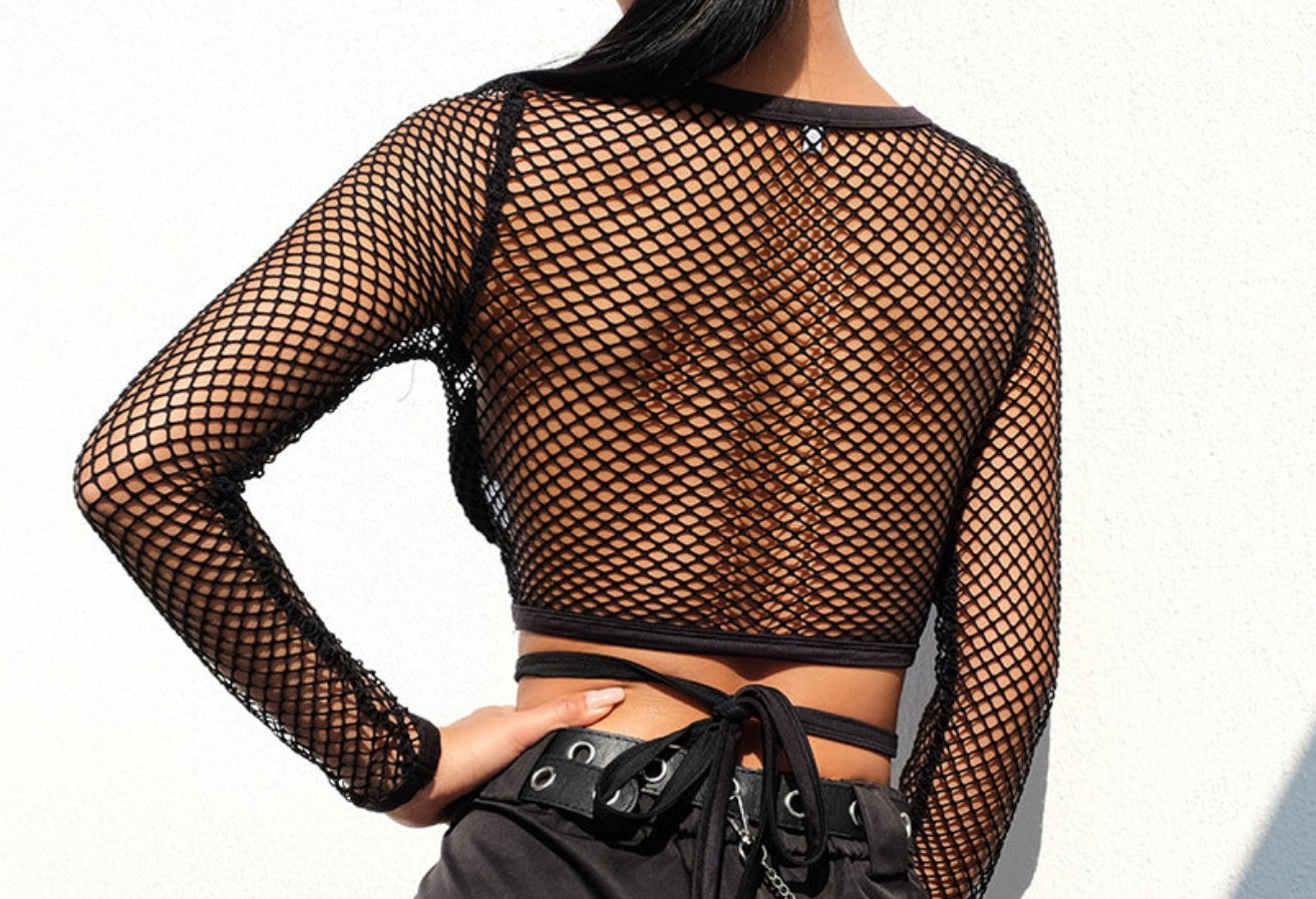 Women's New Mesh Hollow Straps Sexy See-through T-shirt Tops