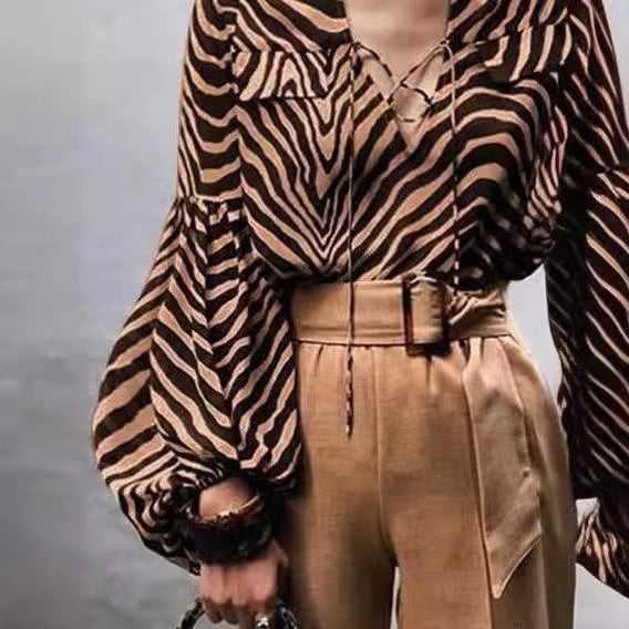 Zebra Prints V-neck Lace-up Long Sleeve Shirt