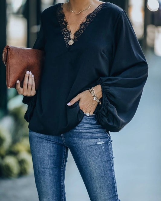 Solid Color V-neck Long Sleeve Top