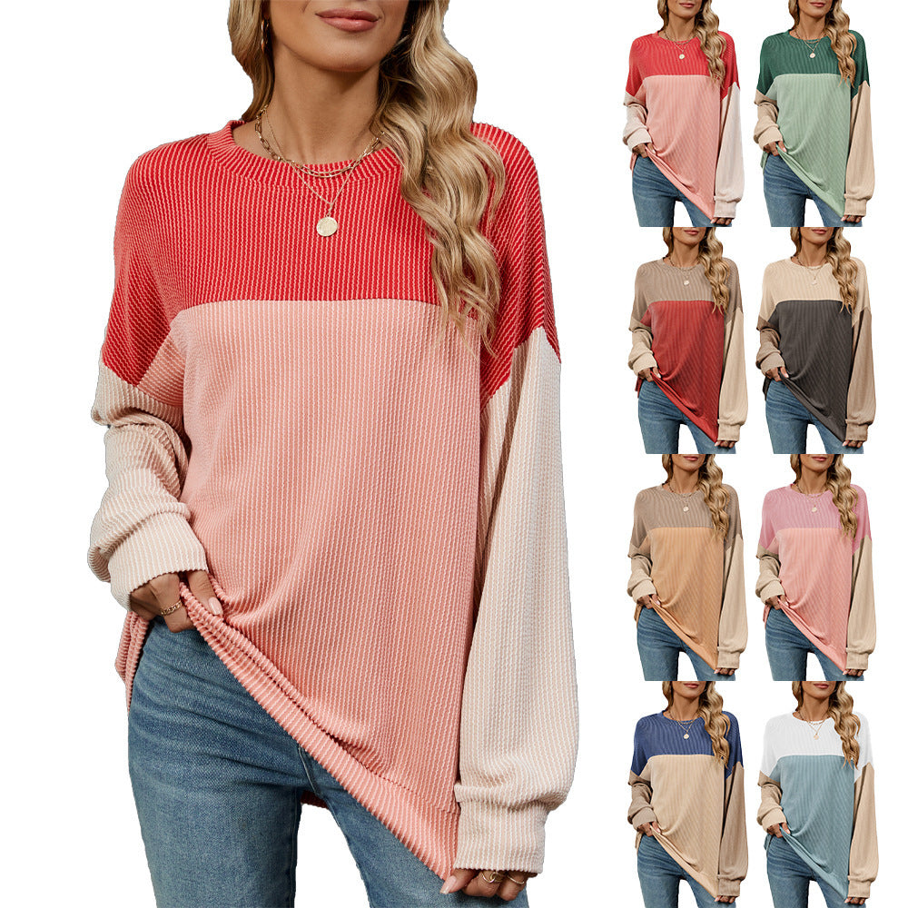 Fashion Contrast-color Round Neck Long Sleeve Casual Shirt For Womens Clothing