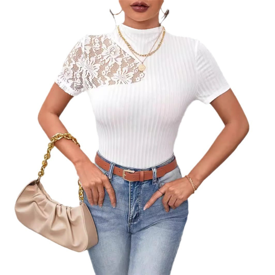 Slim-fit Slimming Lace Patchwork Short-sleeved T-shirt