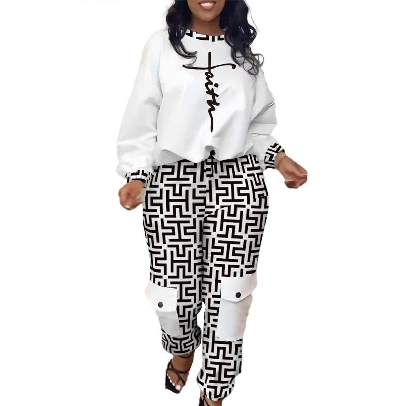 Casual Printed Trousers Pullover Suit