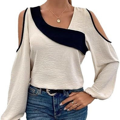 Off-the-shoulder Stitching Pullover Diagonal Collar Long Sleeve Loose Shirt