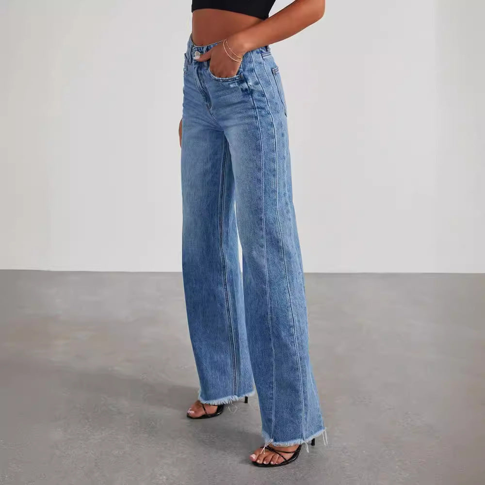 Loose Fit Wide-leg Side Seam Stitching Frayed Hem Jeans