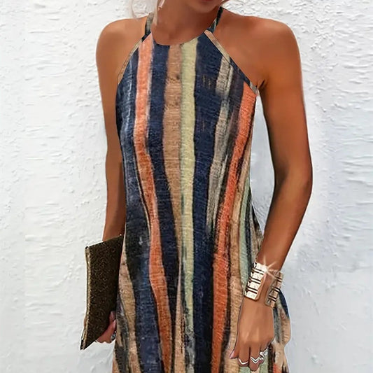 Spaghetti-strap Stripe Print Halter Neck Dress