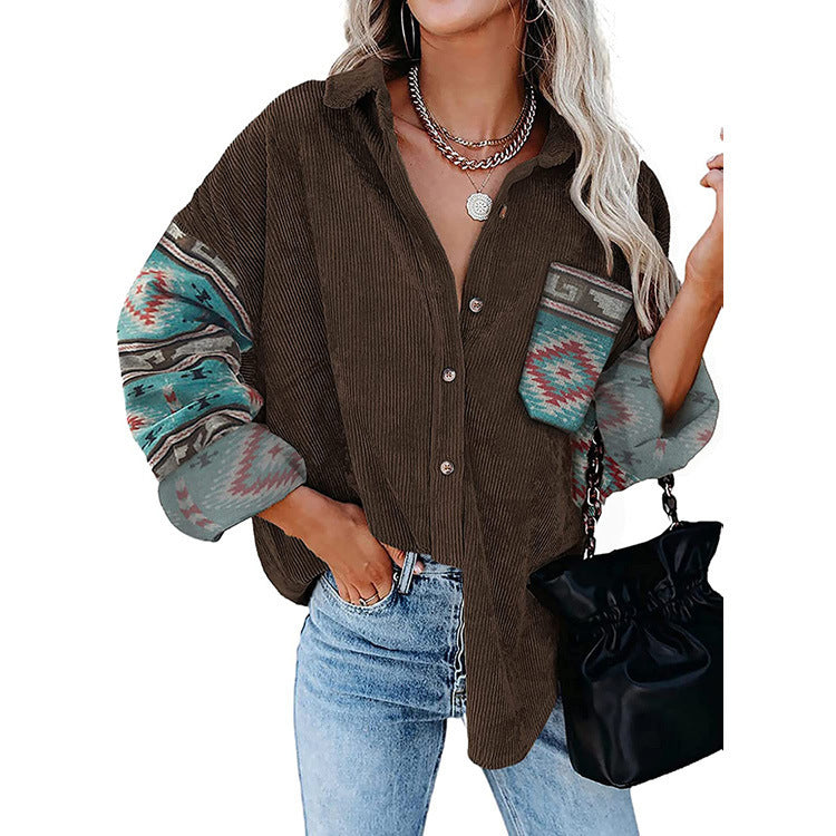 Printed Lapel Loose Fitting Blouse