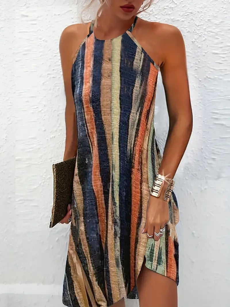 Spaghetti-strap Stripe Print Halter Neck Dress