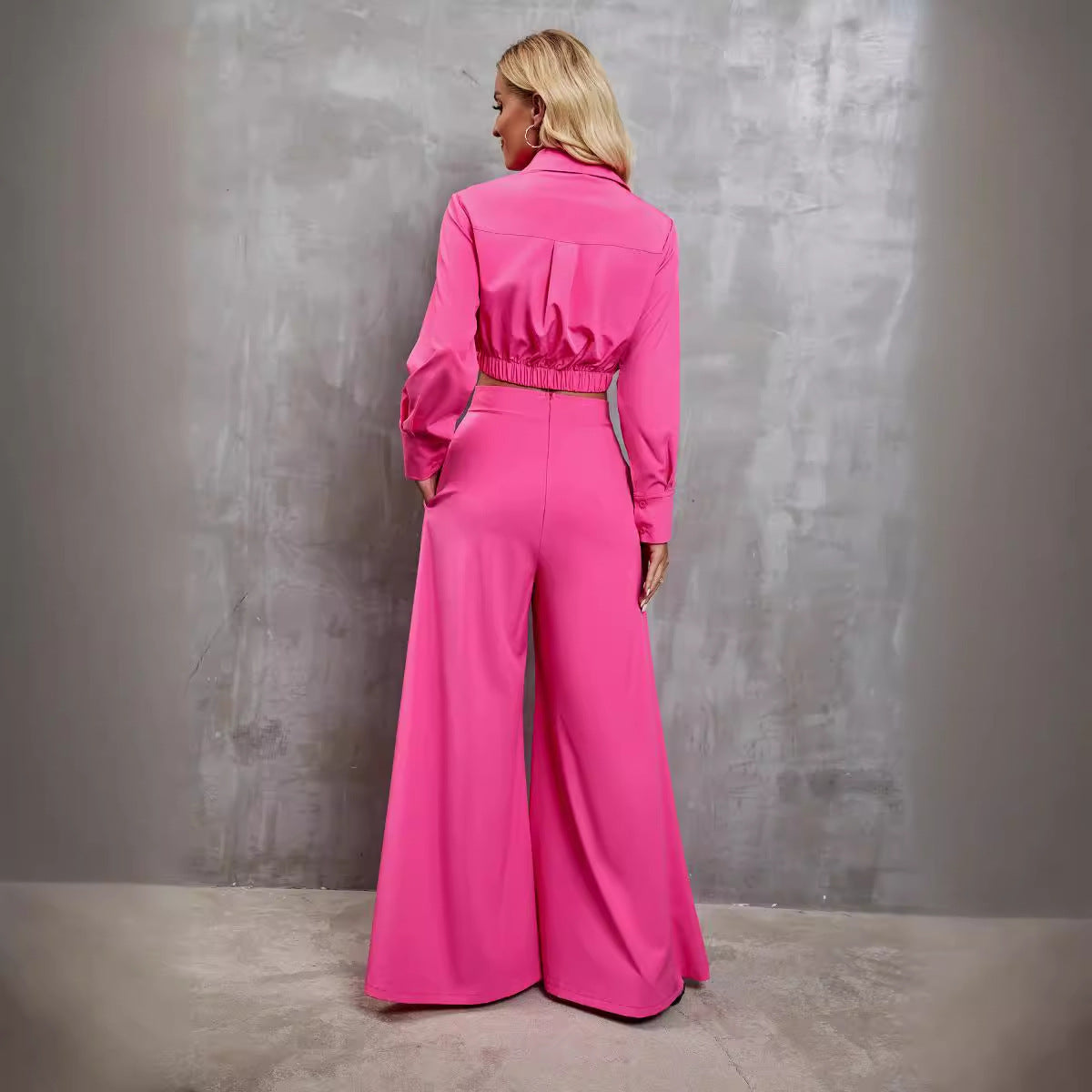 Fashion Long Sleeve Crop Top w/ Wide-leg Pants Women's Two-piece Suit