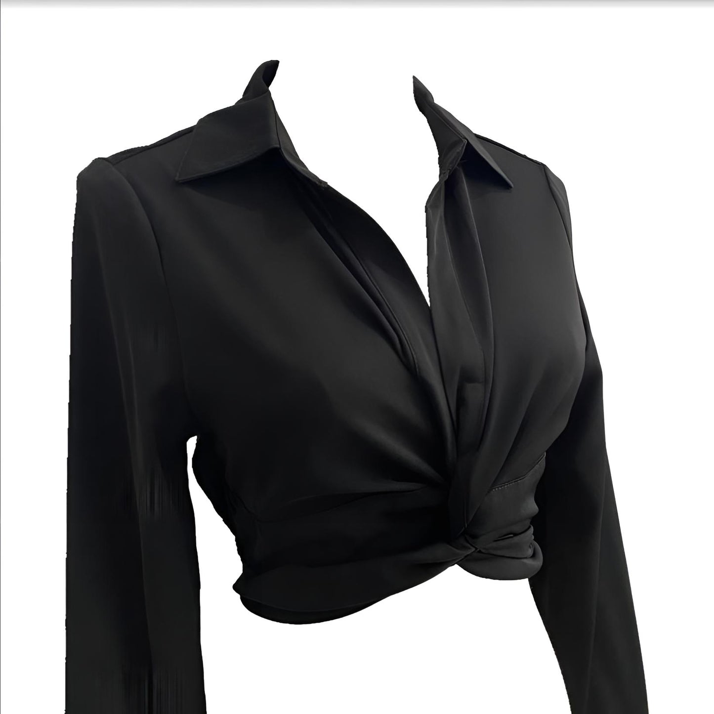 Black Knot Tie Bow Cropped Slim Fit V-Neck Shirt Top