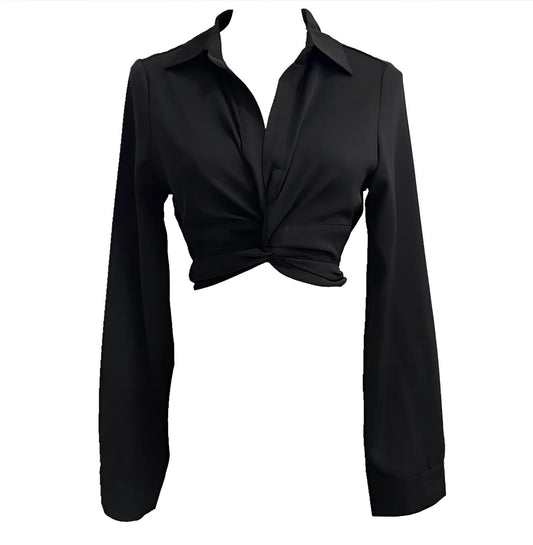 Black Knot Tie Bow Cropped Slim Fit V-Neck Shirt Top