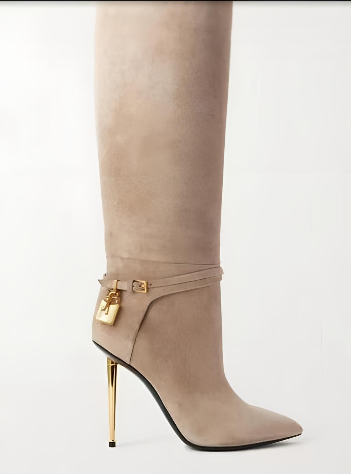 Calf High Gold Heel Stiletto Boots