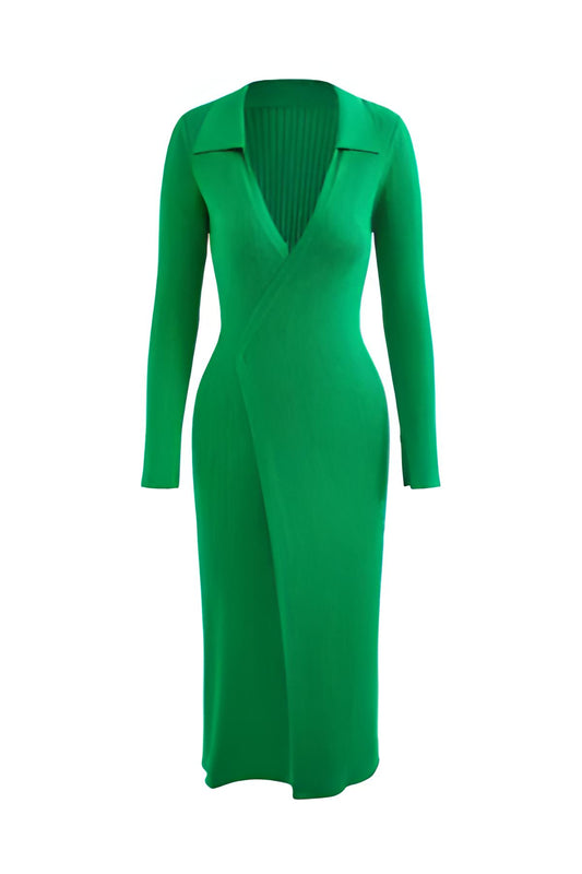 V-Neck Wrap Tie Long Sleeve Ribbed Dress