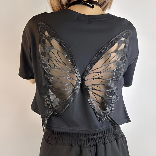 Back Out Butterfly Print Crop Top Shirt